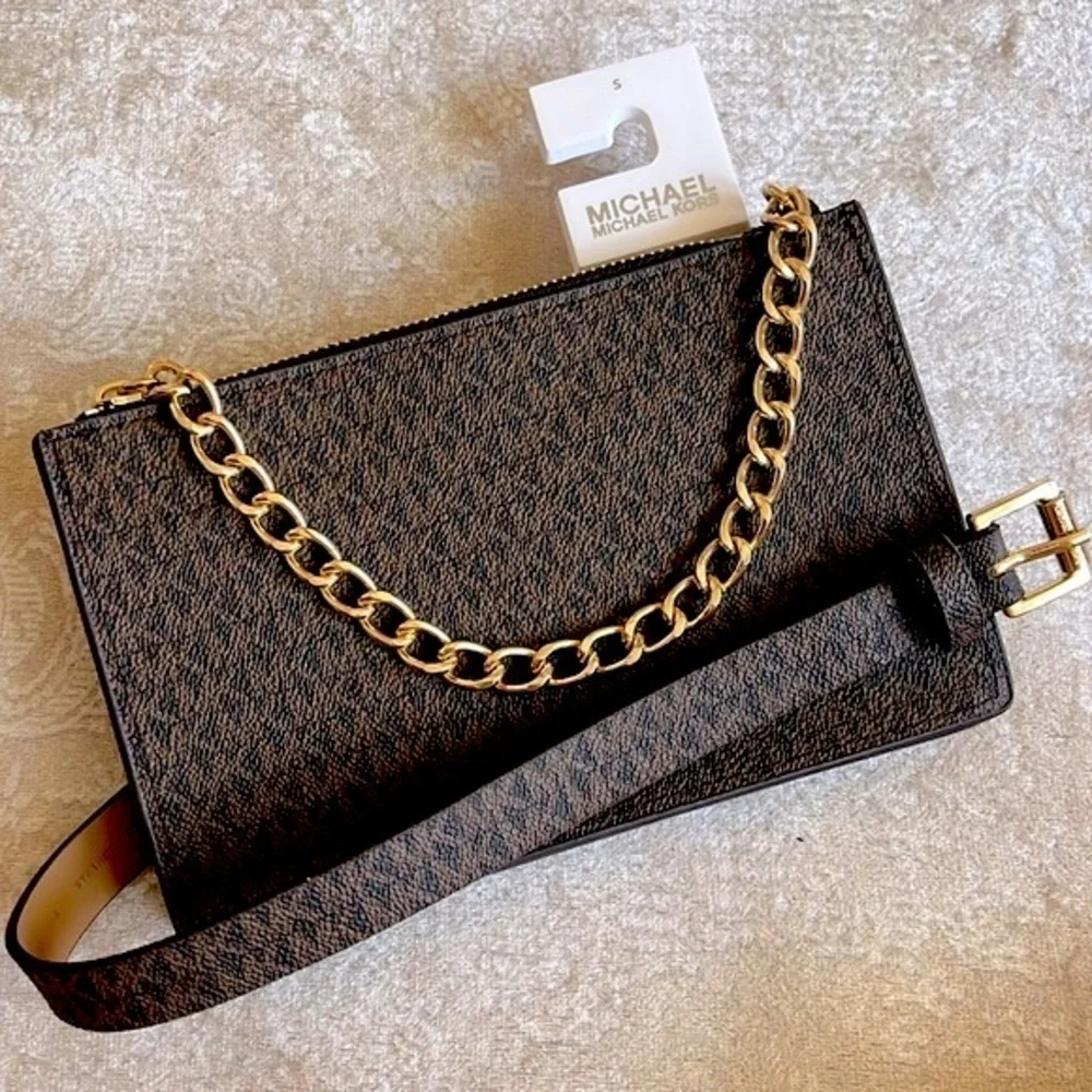 Brand New Michael Kors Brown Zippered Logo Belt Bag Gold Tone Chain Fanny Pack